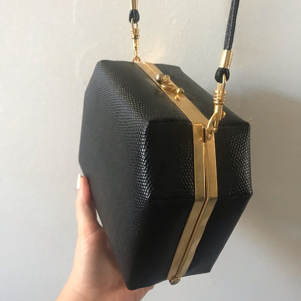 Vintage black gold boxed shoulder crossbody small purse cute stylish event bag